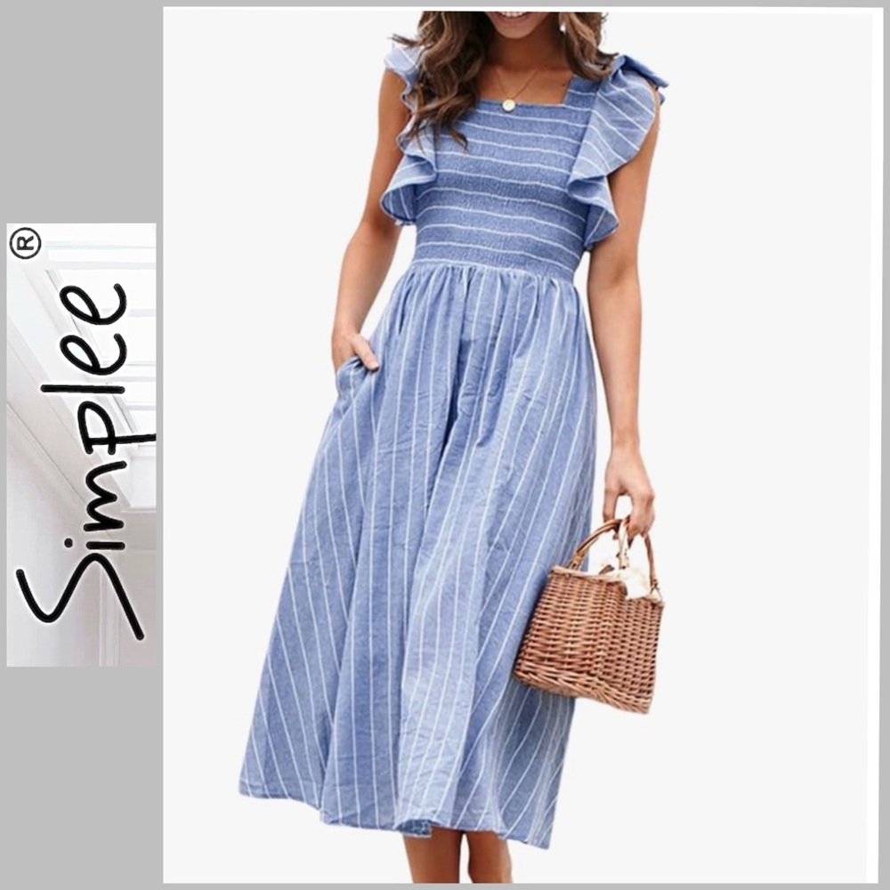 NWT 💙🤍Simplee Apparel linen blend midi dress size L, has pockets! 🤍💙